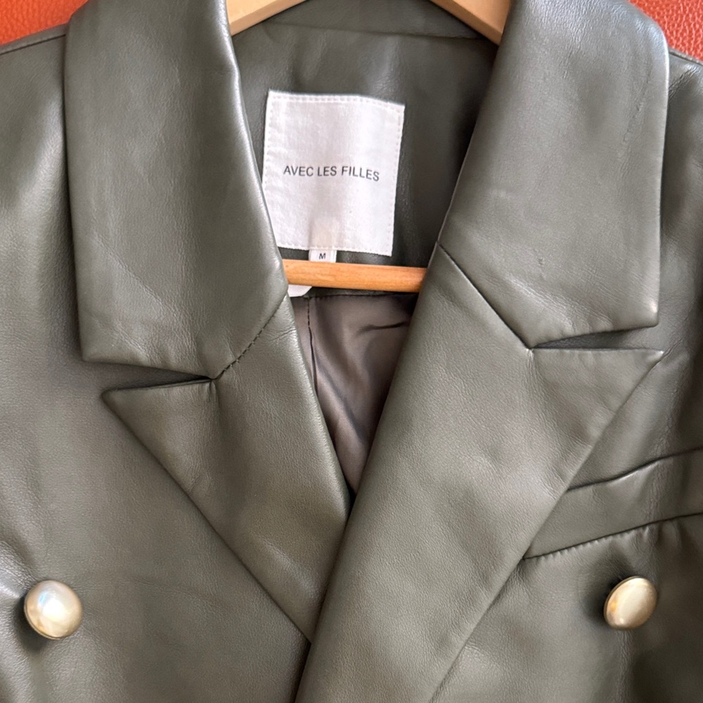 Avec Les Filles  Olive  faux Leather Jacket with Gold Buttons - Picture 9 of 11